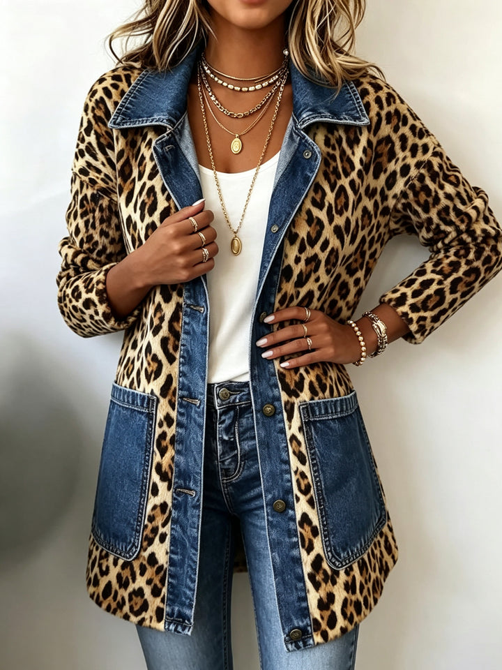 Nora | Denim jacket with a contrasting leopard print panel