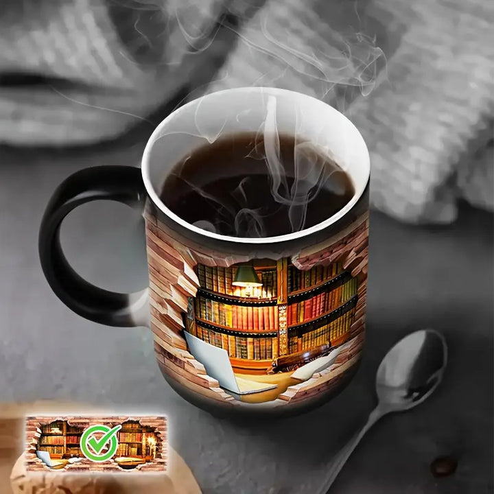 Magic ceramic thermal mug with a bookcase motif