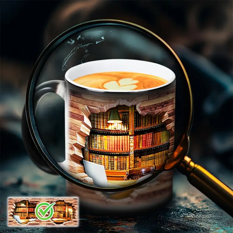Magic ceramic thermal mug with a bookcase motif
