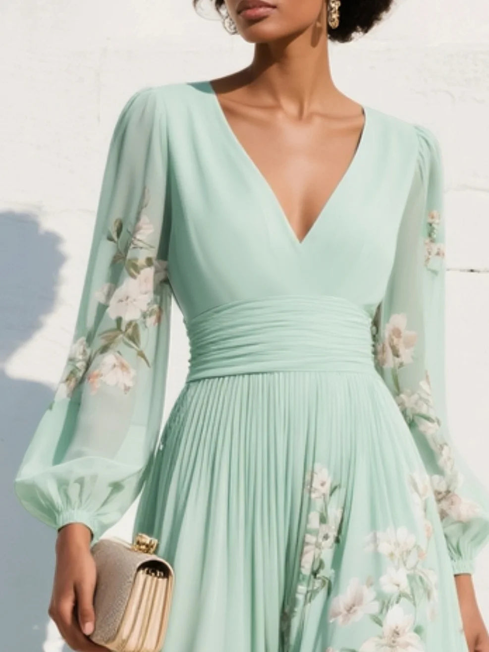 Lucija - Light Green Chiffon Midi Dress with Floral Pleat