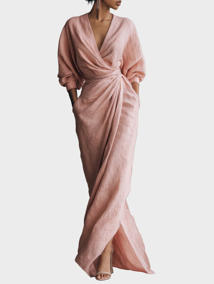 Linen Maxi Dress with V-Neckline