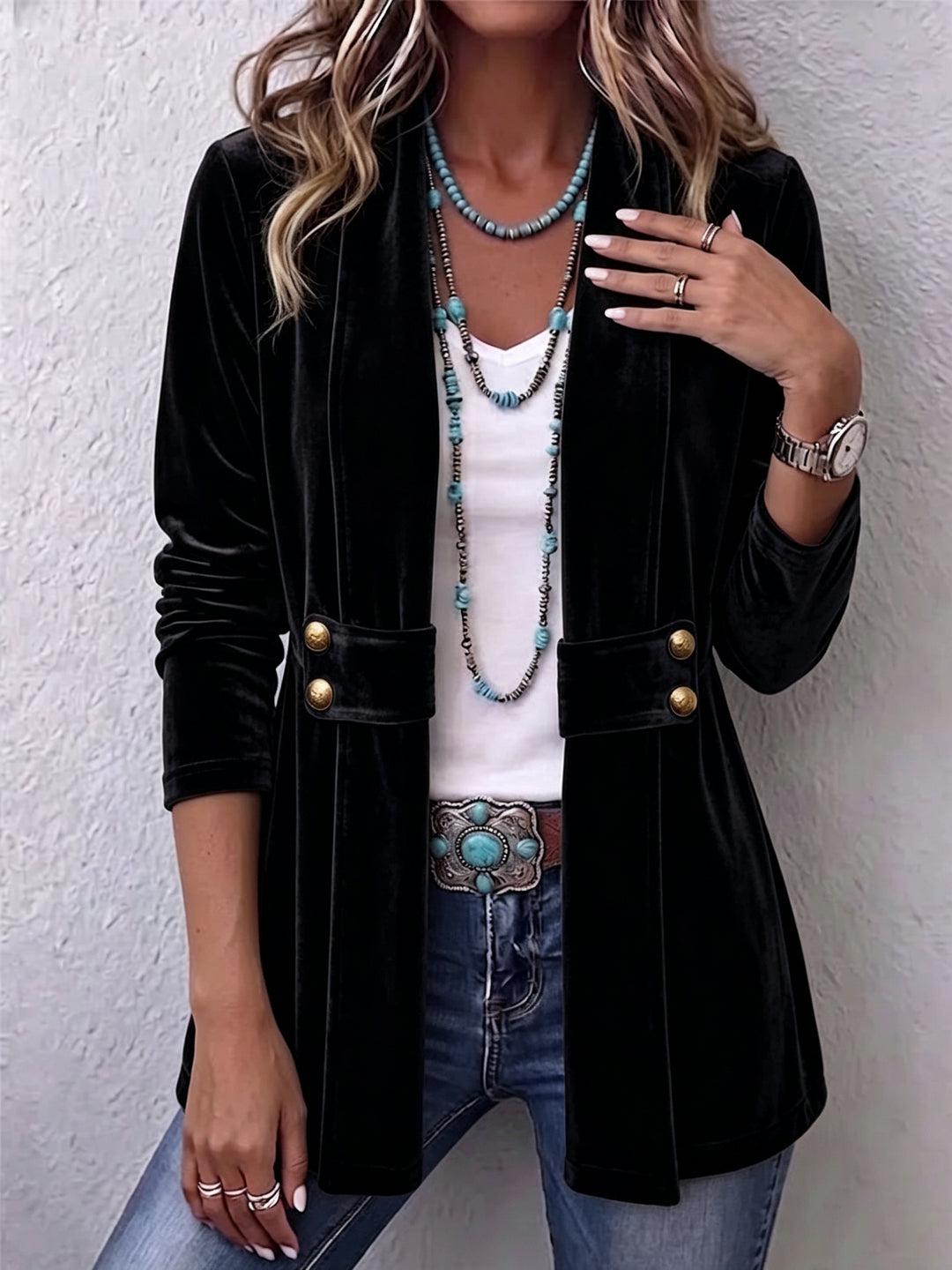 Avery | Vintage Accent Blazer with Long Sleeve Buttons and Open Front