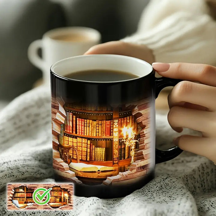 Magic ceramic thermal mug with a bookcase motif