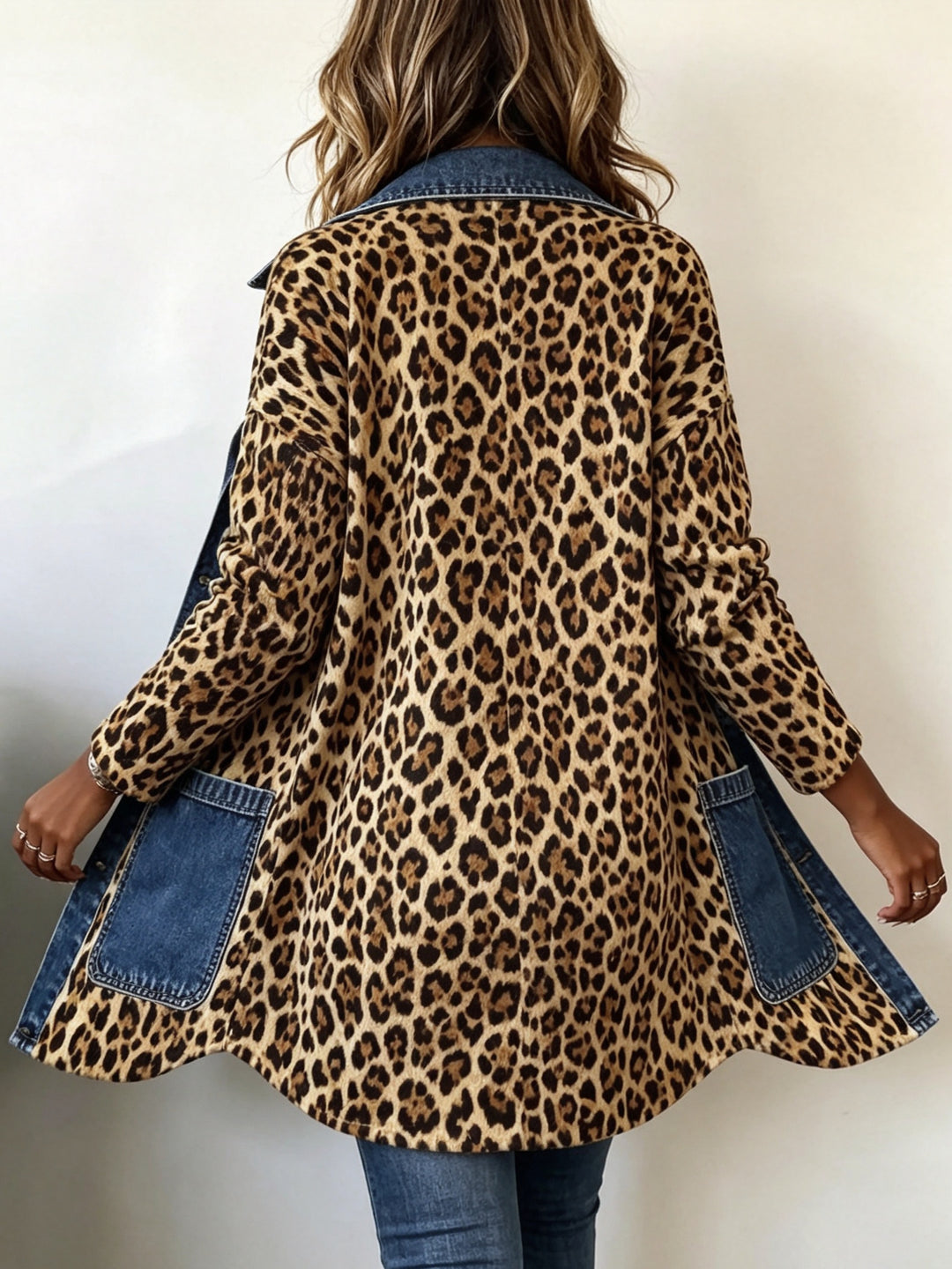 Nora | Denim jacket with a contrasting leopard print panel