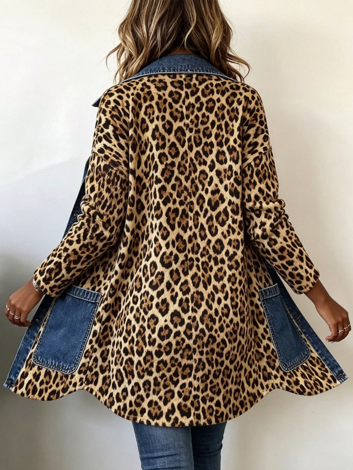 Nora | Denim jacket with a contrasting leopard print panel