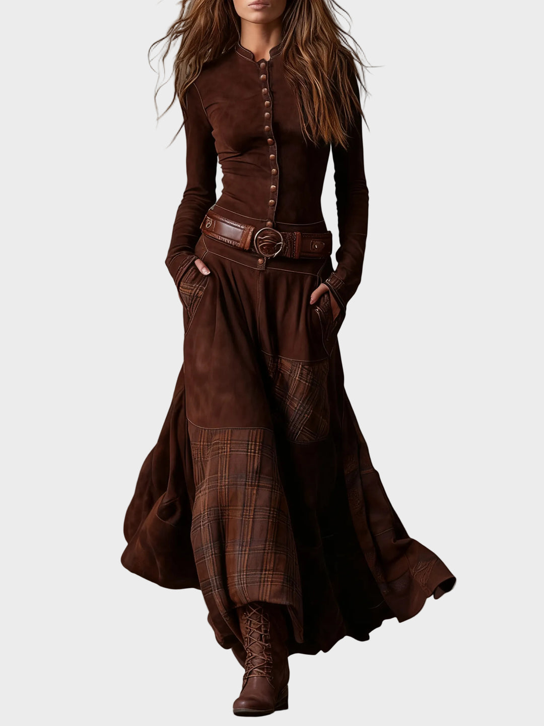 Helena - Navy blue suede maxi dress with a belt