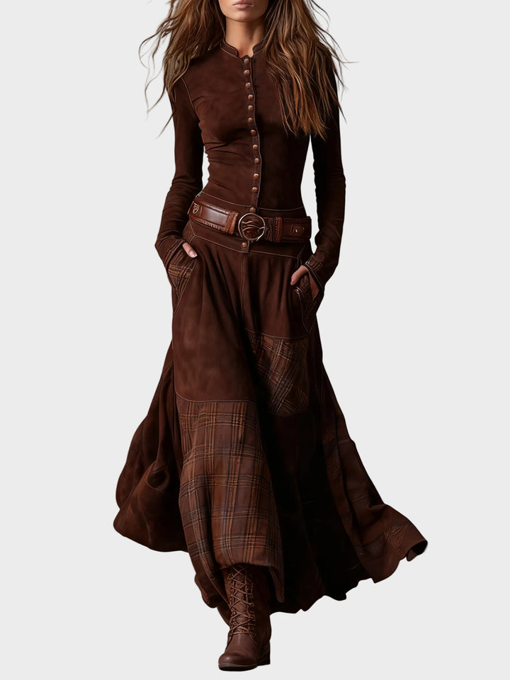 Helena - Navy blue suede maxi dress with a belt