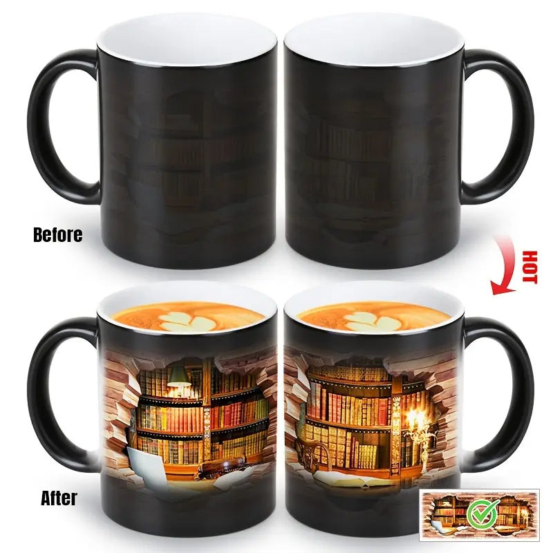 Magic ceramic thermal mug with a bookcase motif