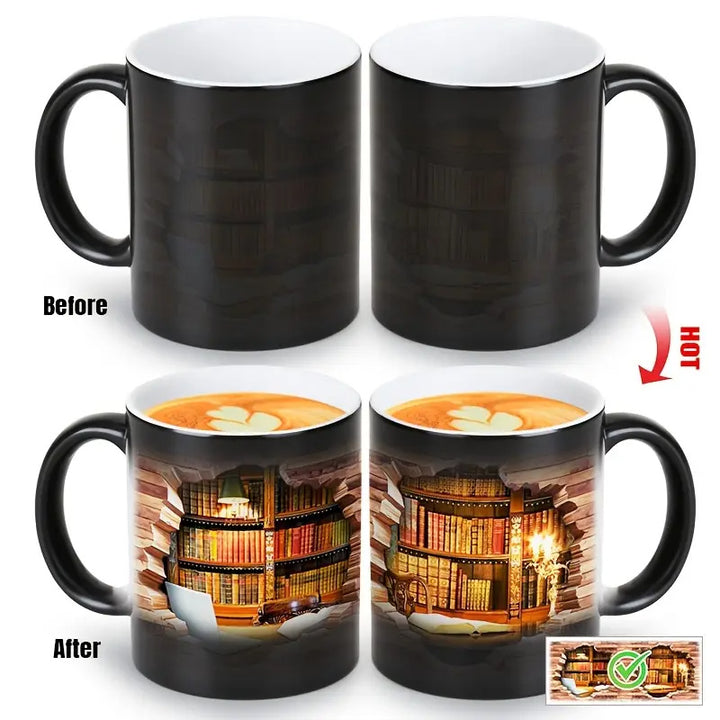 Magic ceramic thermal mug with a bookcase motif