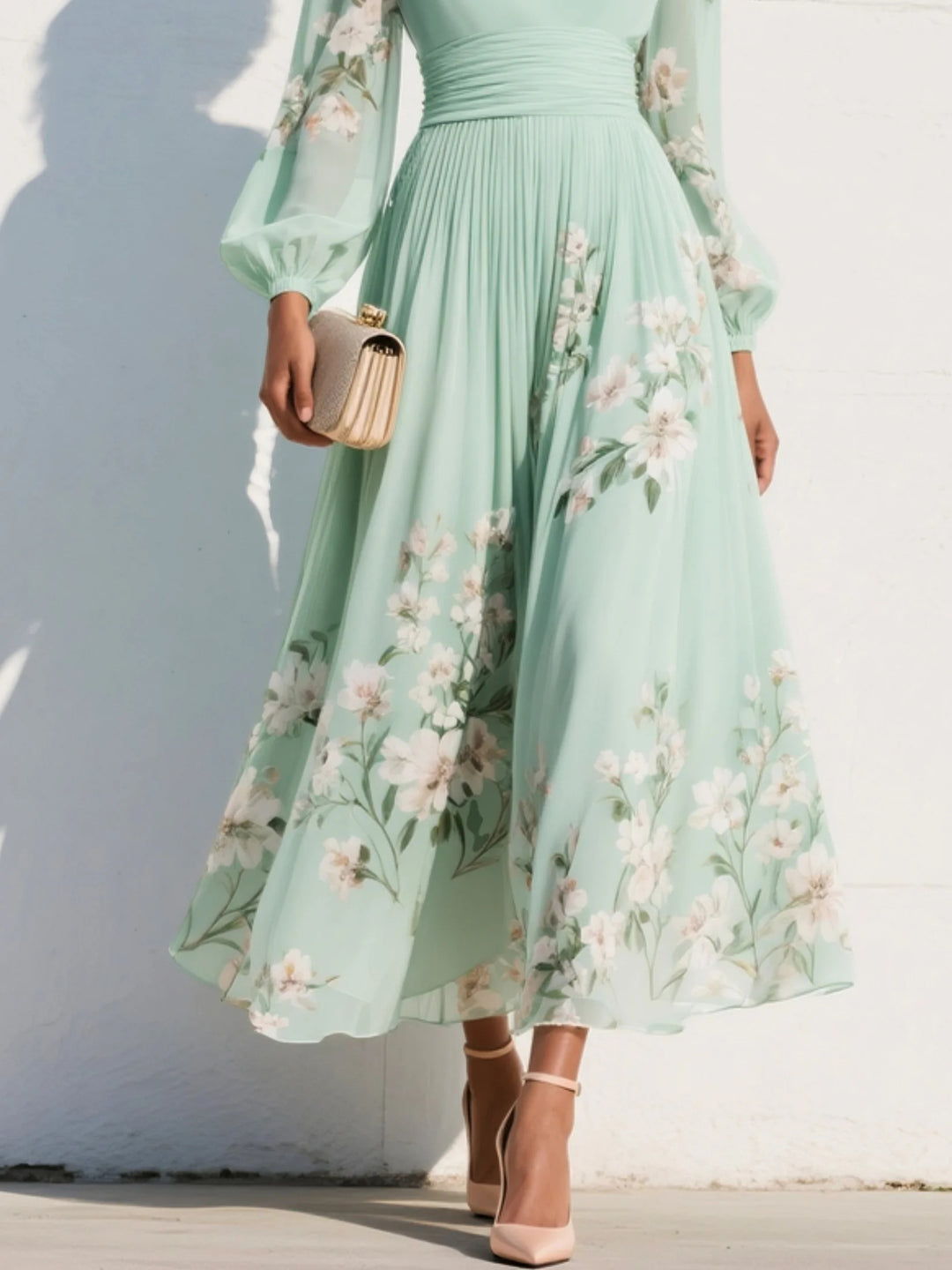 Lucija - Light Green Chiffon Midi Dress with Floral Pleat