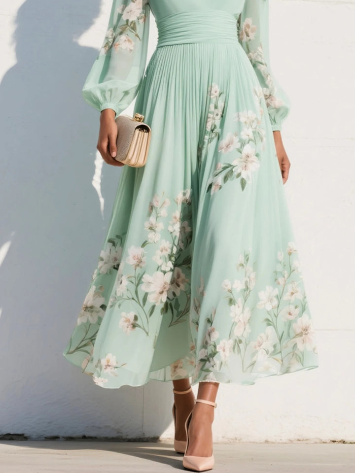 Lucija - Light Green Chiffon Midi Dress with Floral Pleat