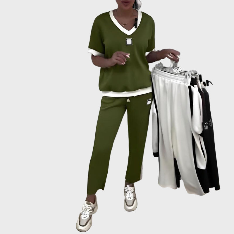 Kristýna - Women's Casual V-Neck Top and Pants Set