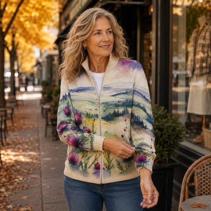 Zelda - Scottish Thistle Flower - Zipper Cardigan