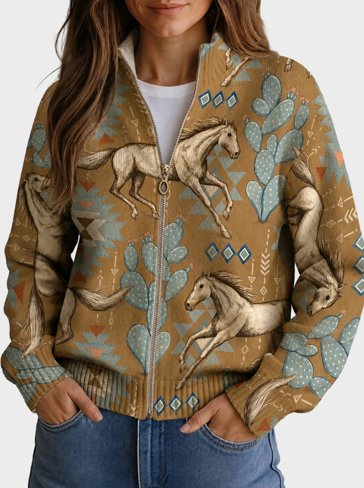 Perpetua - Cardigan with a zipper in the colour of desert and cactus