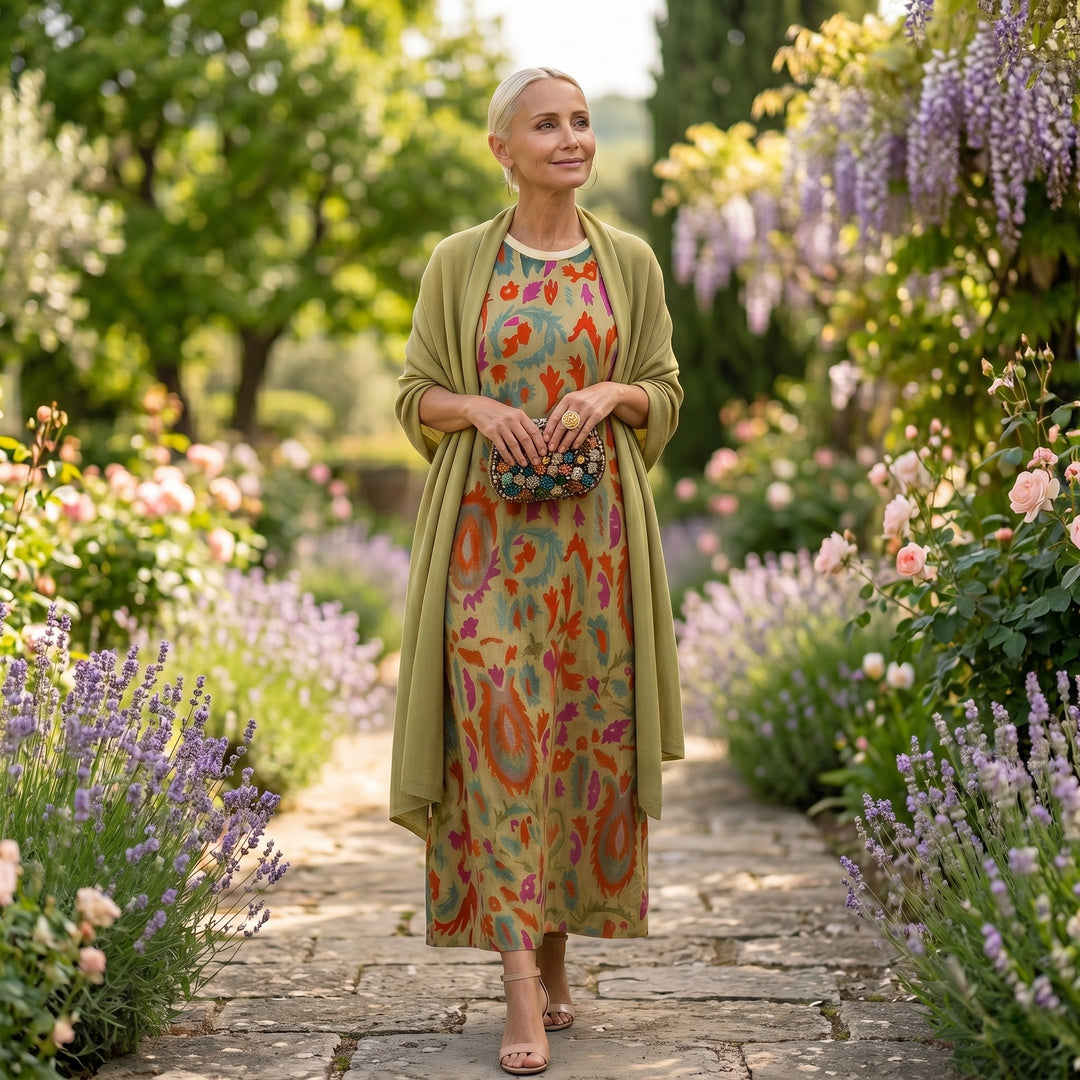 Daniela - Long dress with a floral pattern with a fitted vest