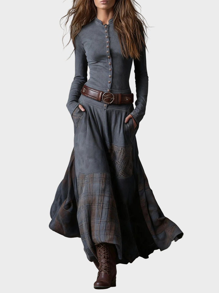 Helena - Navy blue suede maxi dress with a belt
