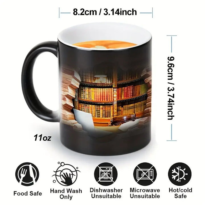 Magic ceramic thermal mug with a bookcase motif