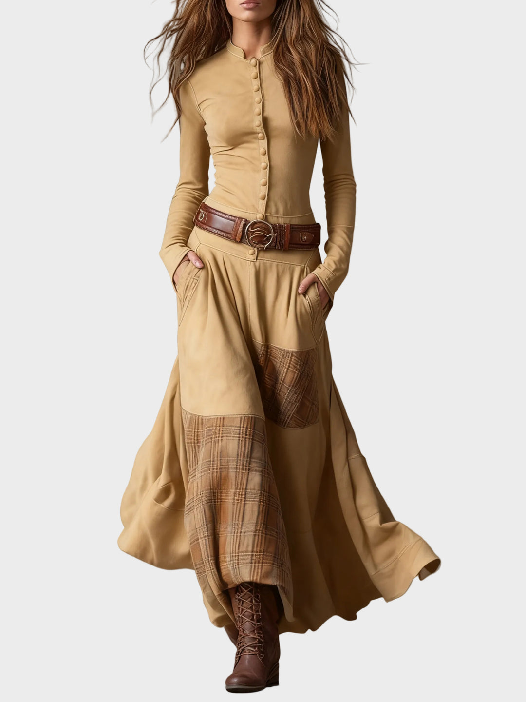 Helena - Navy blue suede maxi dress with a belt