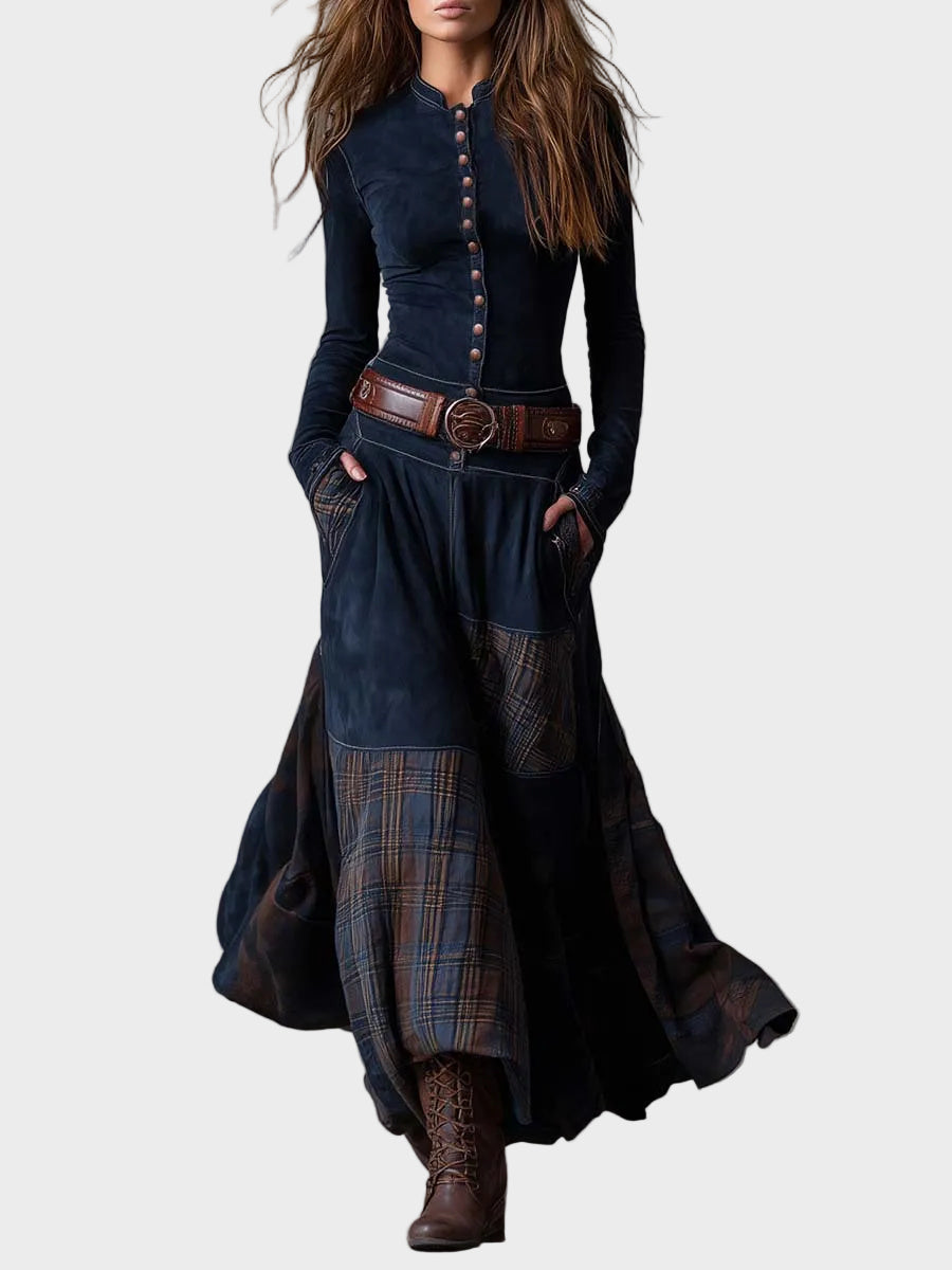 Helena - Navy blue suede maxi dress with a belt