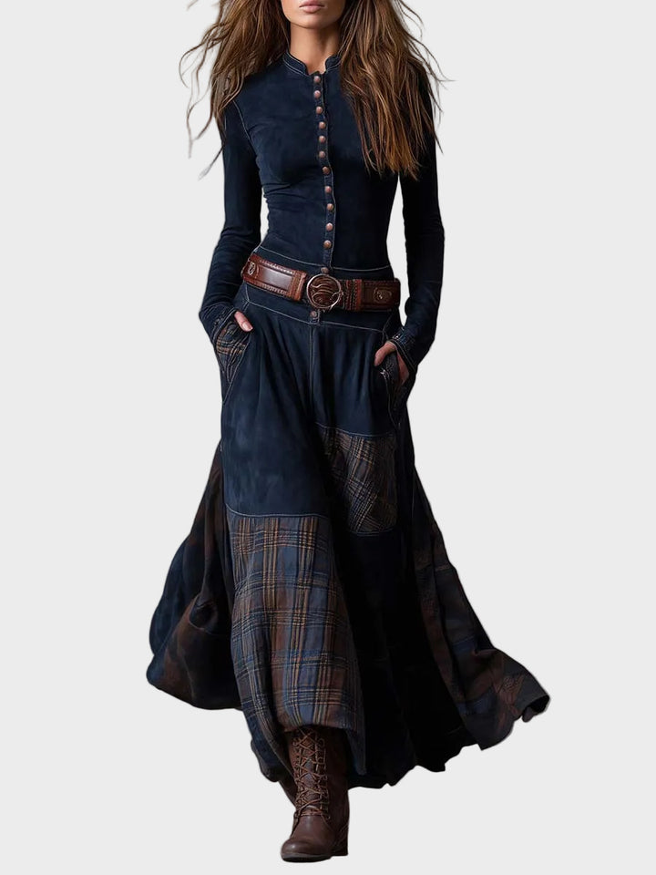 Helena - Navy blue suede maxi dress with a belt