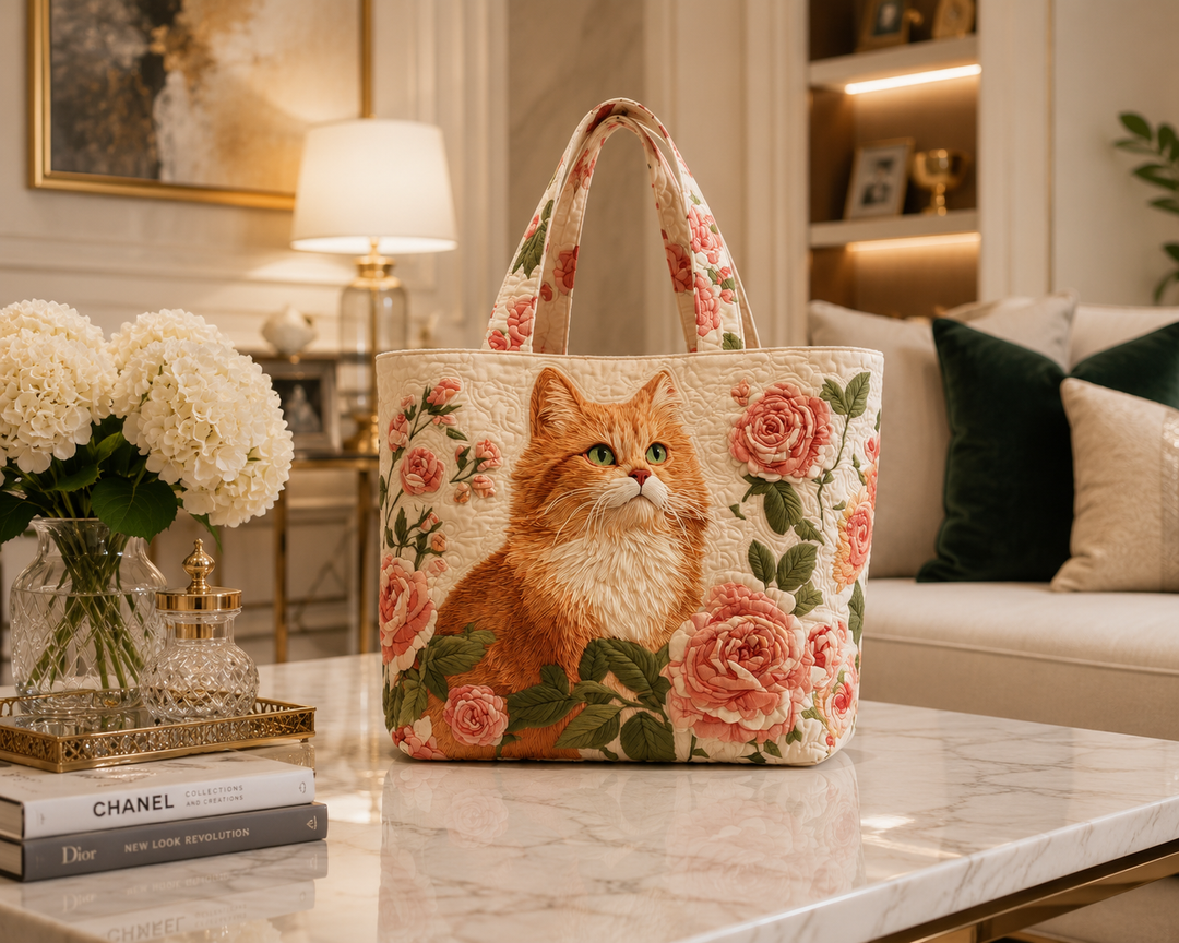 Quilted Tote Bag - Ginger Cat with Roses