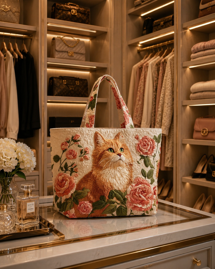 Quilted Tote Bag - Ginger Cat with Roses