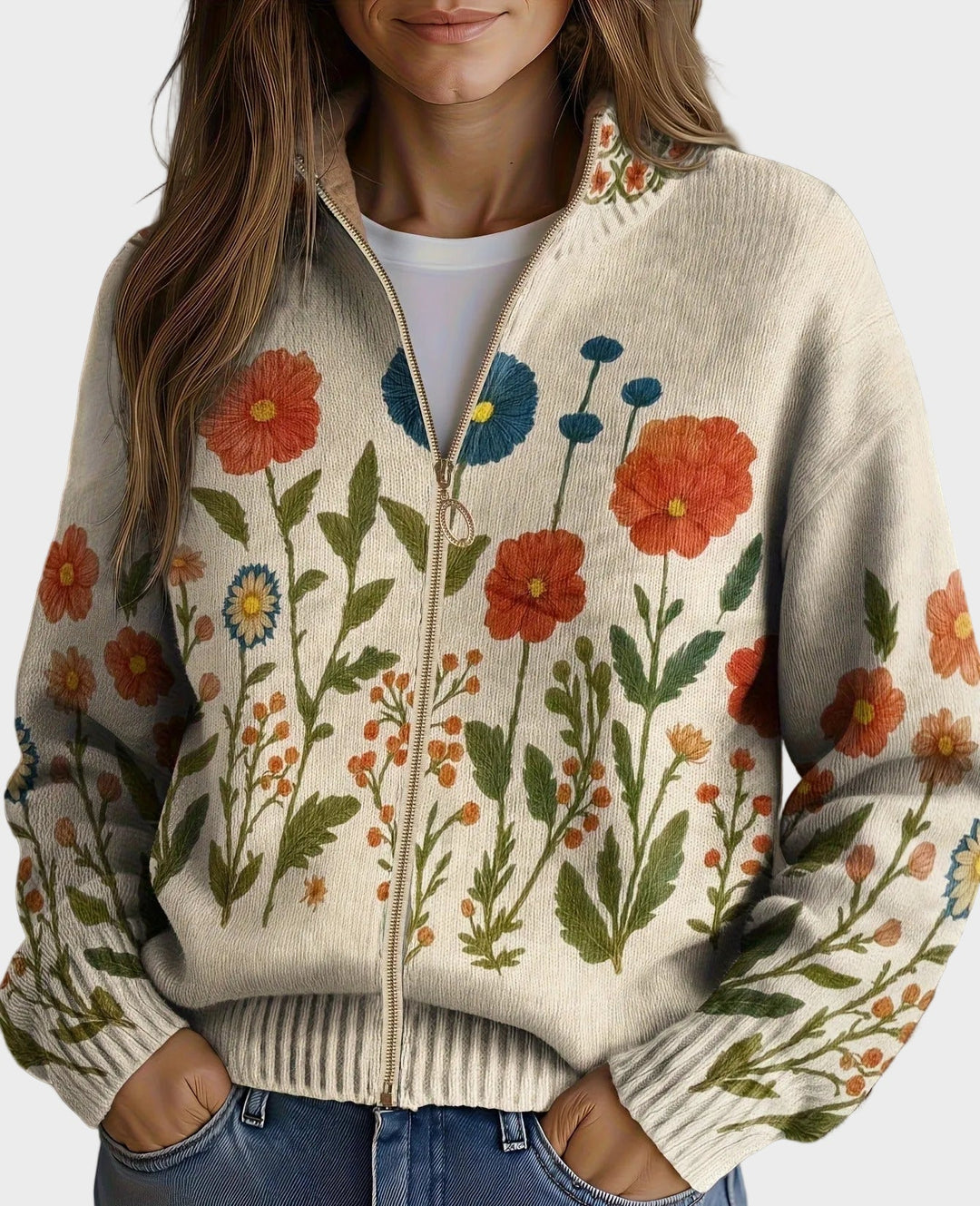 Wrenna - Cardigan with a zipper in a wildflower meadow
